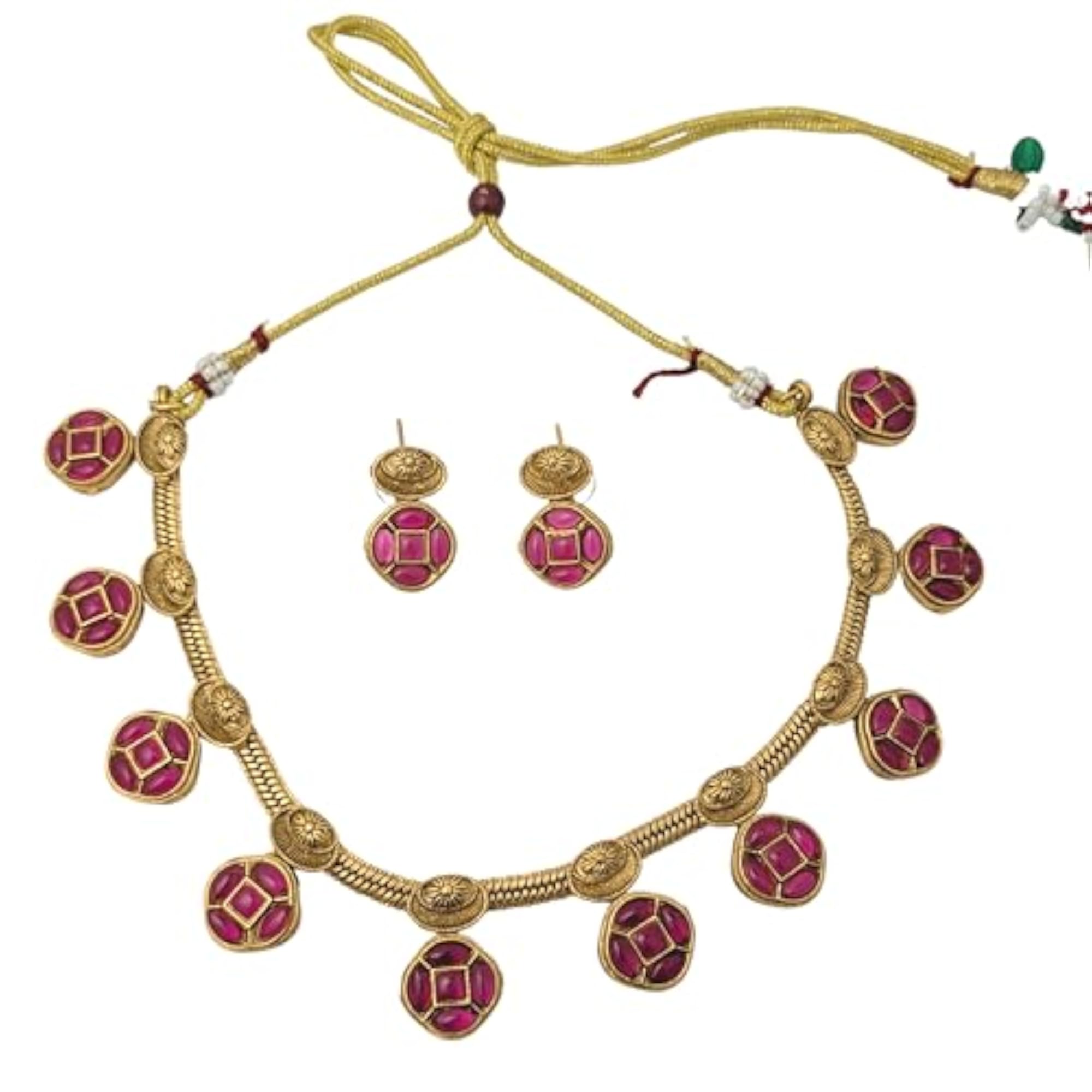 Traditional Gold-Plated Necklace Set with Ruby and Emerald Stones